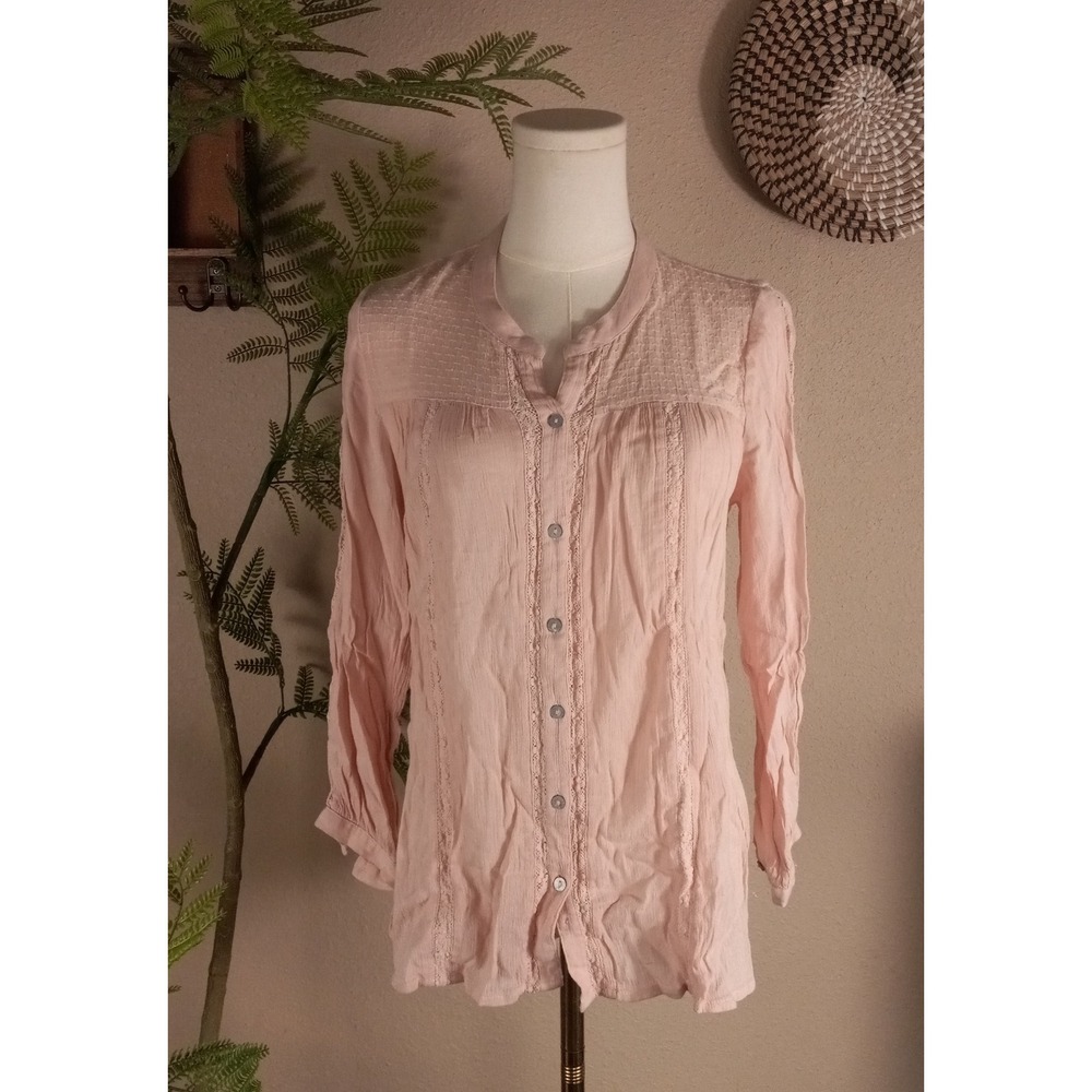 American Eagle Outfitters Pink Lace Trim Button Front Blouse Boho Top‎ Small